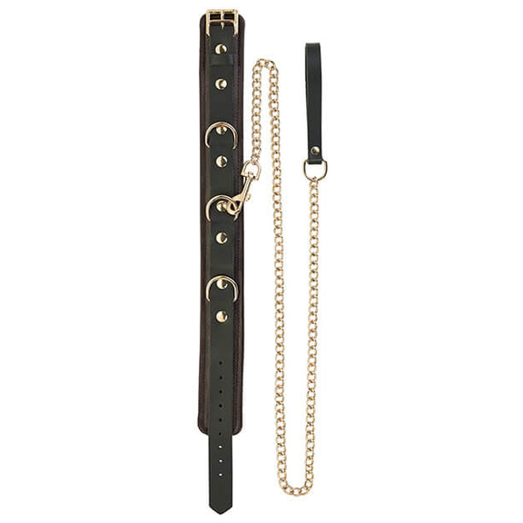 The Spartacus Brown Collar and Leash laid flat against a black background. The collar is completely flat and unfastened, and the leash handle is flat as well. The leash's chain connects the collar to the leash and is laying out flat. | Kinkly Shop