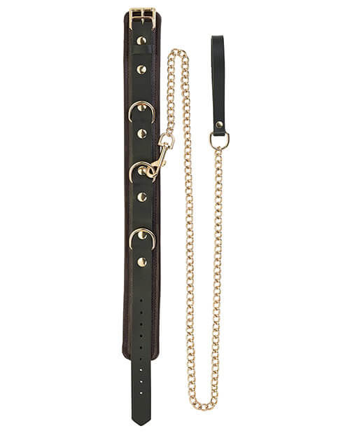 The Spartacus Brown Collar and Leash laid flat against a black background. The collar is completely flat and unfastened, and the leash handle is flat as well. The leash's chain connects the collar to the leash and is laying out flat. | Kinkly Shop