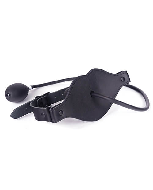 A view of what a non-wearer will see if they look at someone wearing th Spartacus Inflatable Penis Gag. The penis gag is entirely hidden within the wearer's mouth along with the wide faceplate that hides the rest. | Kinkly Shop