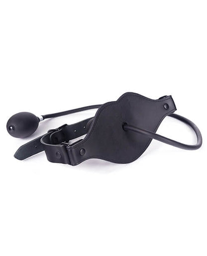 A view of what a non-wearer will see if they look at someone wearing th Spartacus Inflatable Penis Gag. The penis gag is entirely hidden within the wearer's mouth along with the wide faceplate that hides the rest. | Kinkly Shop