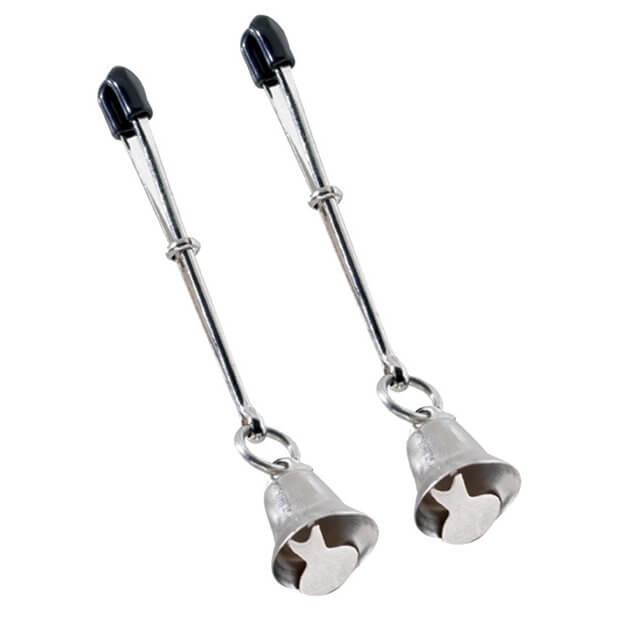 Spartacus Adjustable Nipple Clamps with Bells. They are tweezer-style nipple clamps with small bells on the end of each of the clamps. | Kinkly Shop