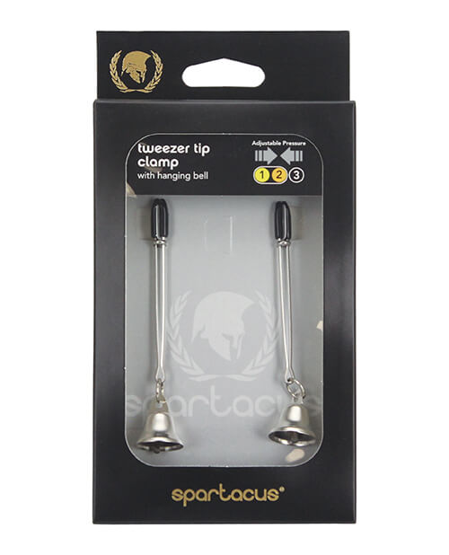 Spartacus Adjustable Nipple Clamps with Bells inside of its packaging. | Kinkly Shop