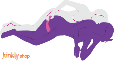 Illustrated sex position. Two people are laying together in the spooning position. The person in back is holding a LELO Mona 2 and is about to slide it between the legs of the person in front. | Kinkly Shop
