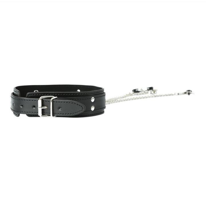 Image from the back shows off the fastener of the Sportsheets Collar with Nipple Clamps. You can see that it looks like a standard belt buckle fastener. | Kinkly Shop