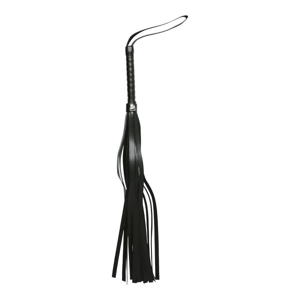 The included flogger with the Sportsheets Intro To S&M Kit. It is spread out as long as possible. You can see the wrist loop on one end of the handle as well as the slight bending in some of the tails from storage in the packaging. | Kinkly Shop