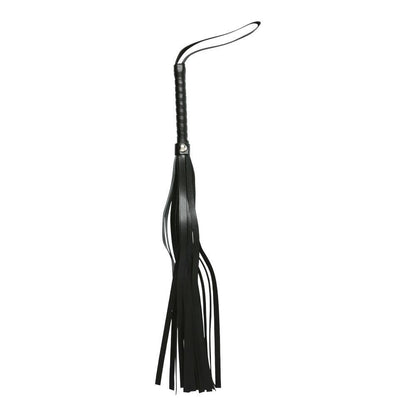 The included flogger with the Sportsheets Intro To S&M Kit. It is spread out as long as possible. You can see the wrist loop on one end of the handle as well as the slight bending in some of the tails from storage in the packaging. | Kinkly Shop