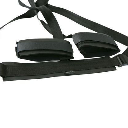 Close-up of the Sportsheets Sex Sling shows the design of the cuffs and the supportive neck strap. The cuffs feature a light layer of padding while the neck strap is smooth and thin. | Kinkly Shop