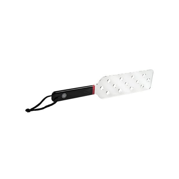A side view of the Holed Sportsheets Saffron Acrylic Paddle to show the thickness of the Acrylic surface | Kinkly Shop