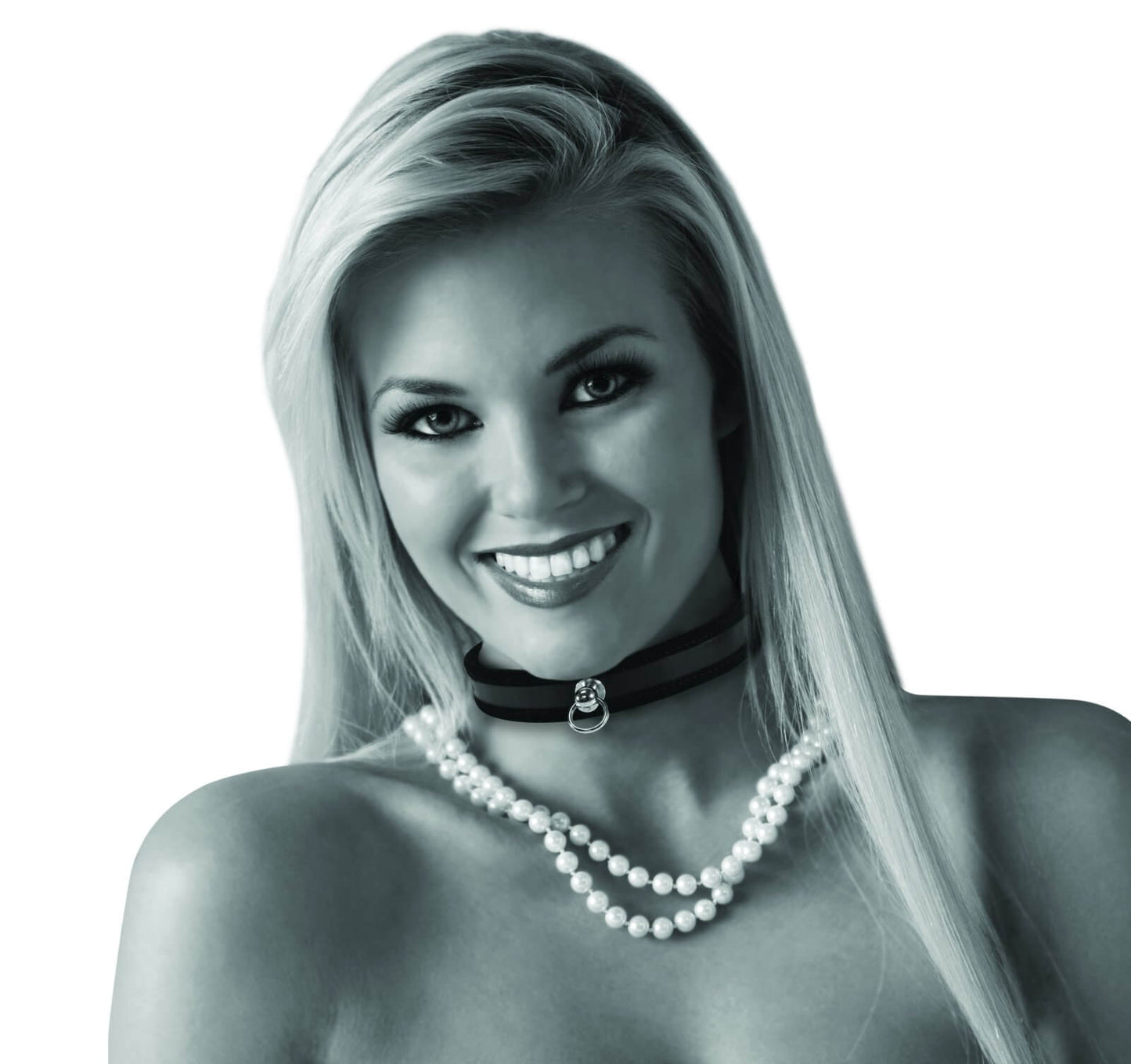 A person smiling while wearing the Sportsheets BDSM Day Collar alongside a strand of pearls. | Kinkly Shop