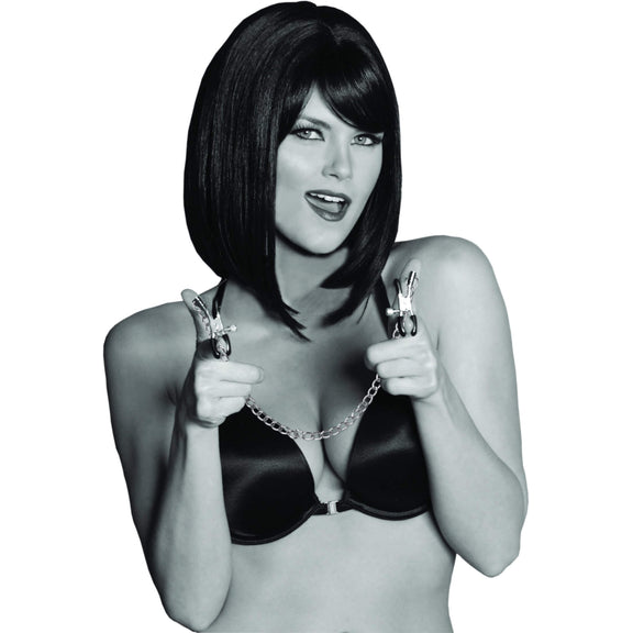 A person is holding the Sportsheets Chained Nipple Clamps. They're clamped onto their fingers to display the chain between the clamps. | Kinkly Shop