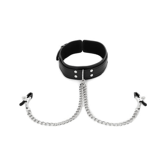 Sportsheets Collar with Nipple Clamps laid flat on a table. The image displays how the clamps connect to the D-ring on the front of the BDSM collar. | Kinkly Shop