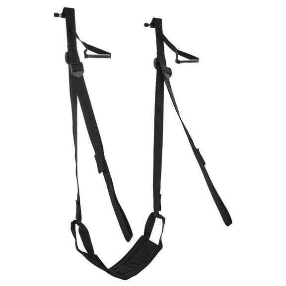 Sportsheets Door Jam Sex Sling as if it was being hung from a door. Shows the various straps and designs of the Sportsheets Door Jam Sex Sling. | Kinkly Shop
