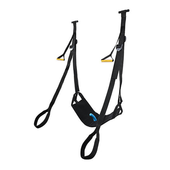 Sportsheets Door Jam Sex Sling Special Edition plus size sex swing shown hanging from an invisible door with a dildo attached to the bottom seat. | Kinkly Shop