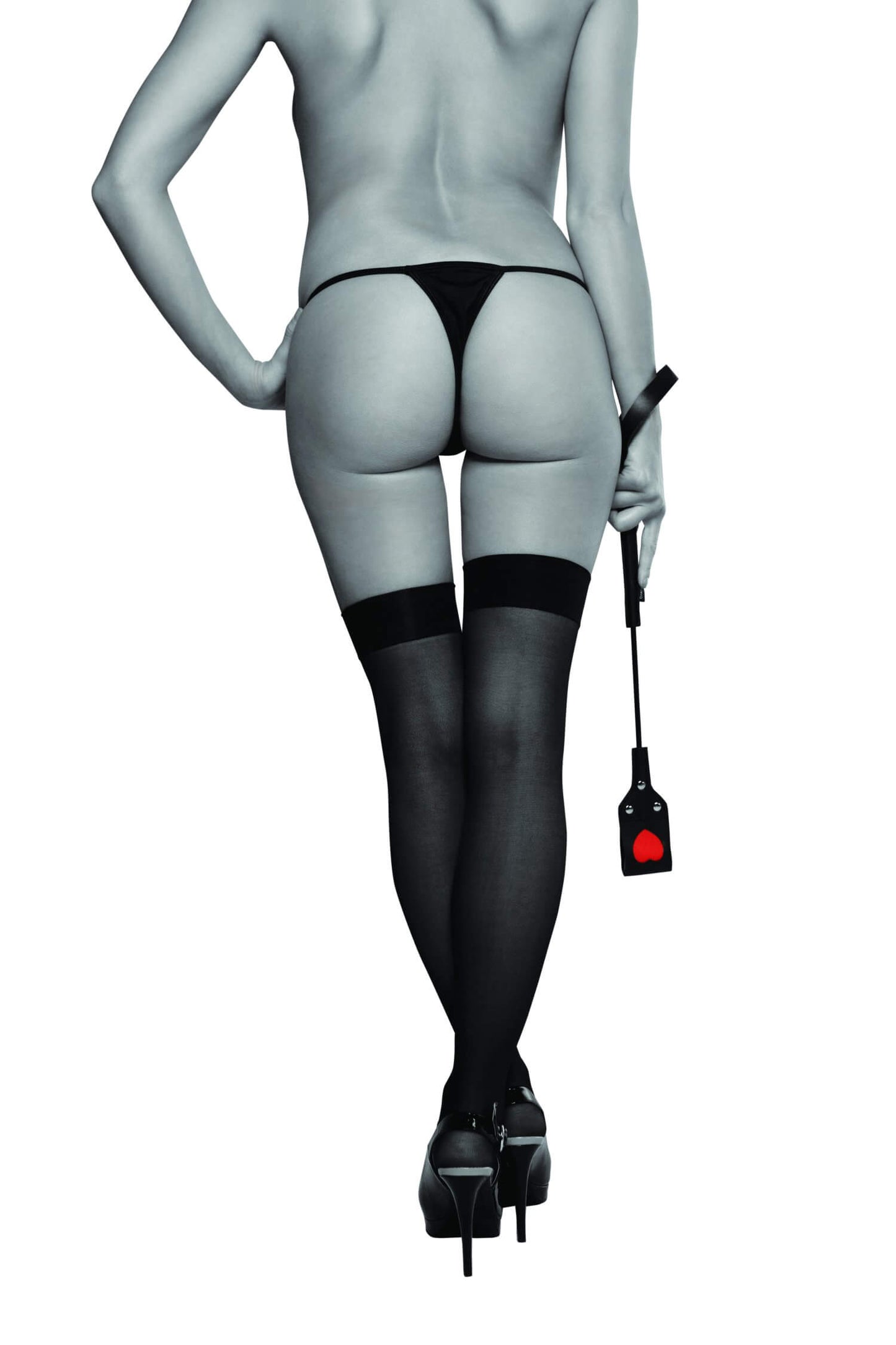 A person wearing a thong and heels is shown from behind with the Sportsheets Heart Impression Crop held down besides their legs. | Kinkly Shop