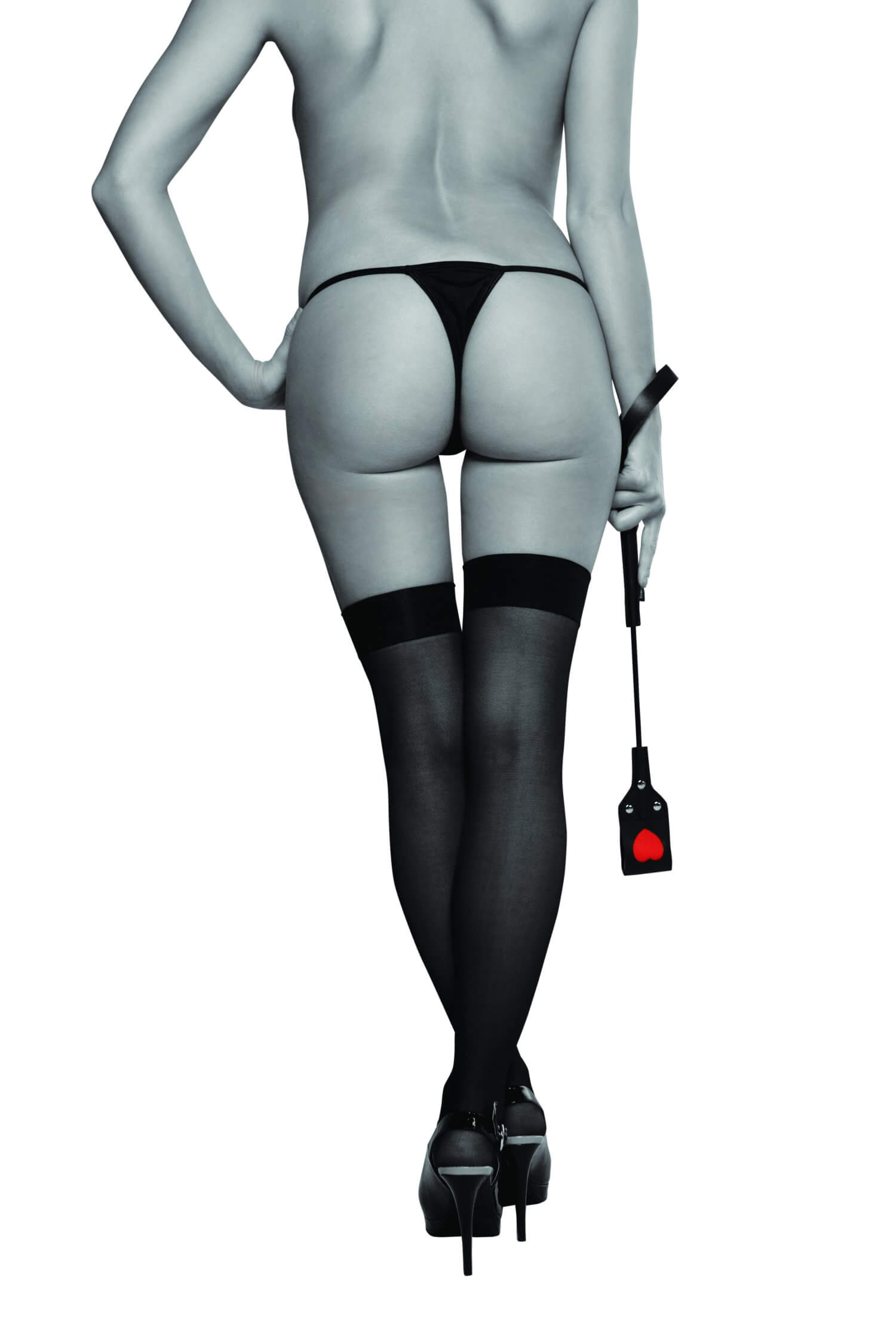A person wearing a thong and heels is shown from behind with the Sportsheets Heart Impression Crop held down besides their legs. | Kinkly Shop