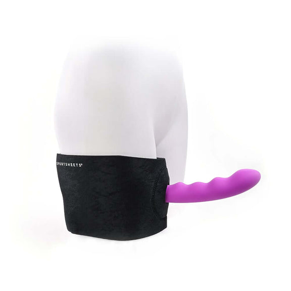 A mannequin wears the Sportsheets Ultra Thigh Strap-On Harness with a dildo (no included) shown within the harness. | Kinkly Shop