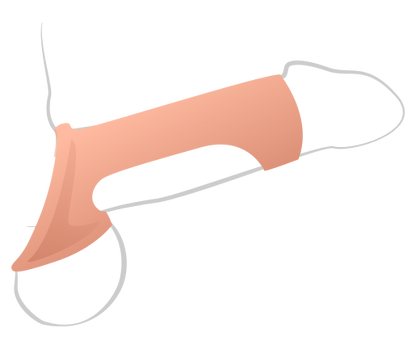 Illustrated penis. Shown on type of the shaft is the Stealth Shaft Support which is holding up the penis in an erect shape. The head of the penis is available to sensation, and a giant opening underneath the Stealth Shaft Support means the bottom of the shaft is available for sensation as well. The testicles sit outside of the toy after being fed through the testicle hole at the base. | Kinkly Shop