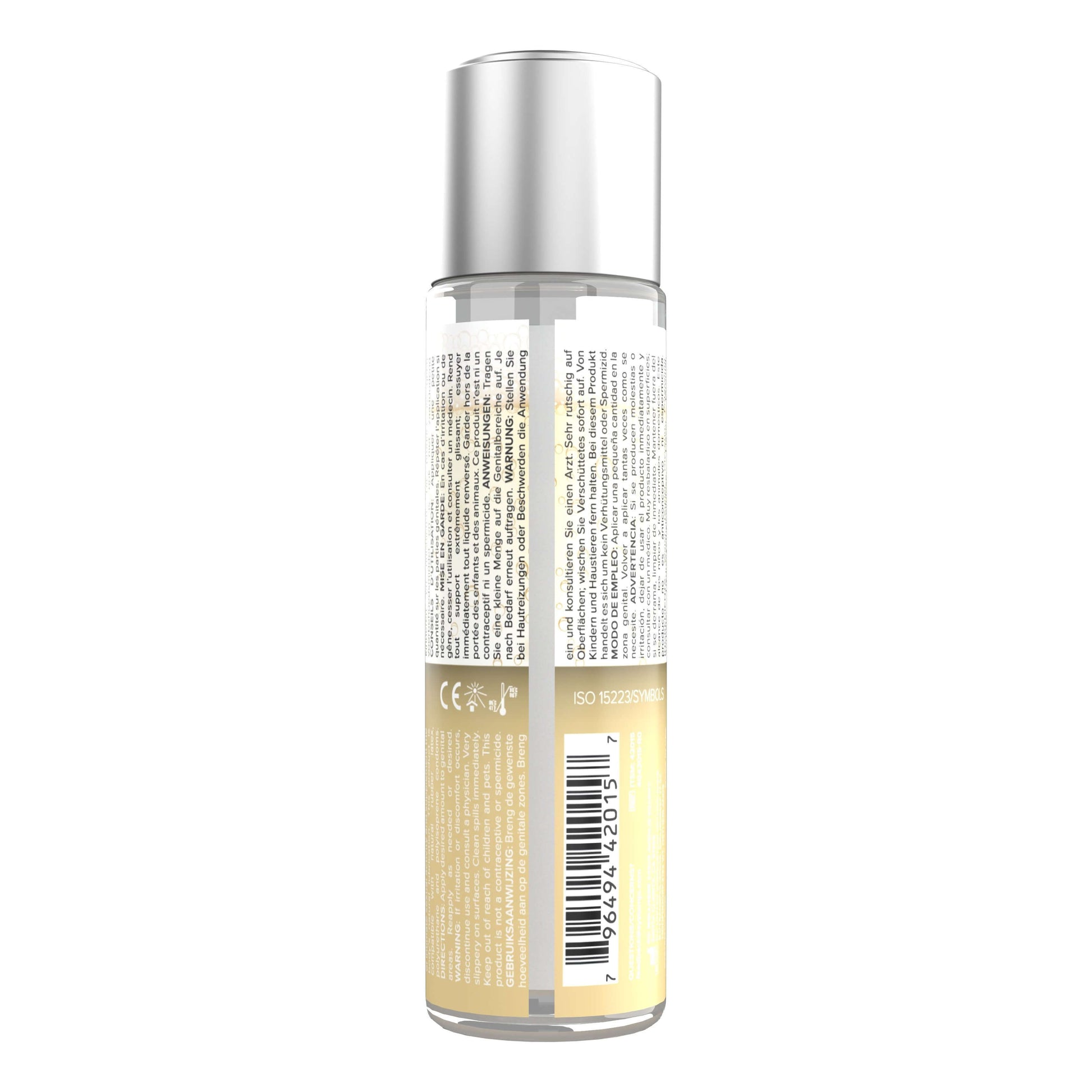 Backside of the System JO Sweet and Bubbly Pleasure Set Champagne lube bottle. This image makes it clear the lube uses a pop top design. | Kinkly Shop