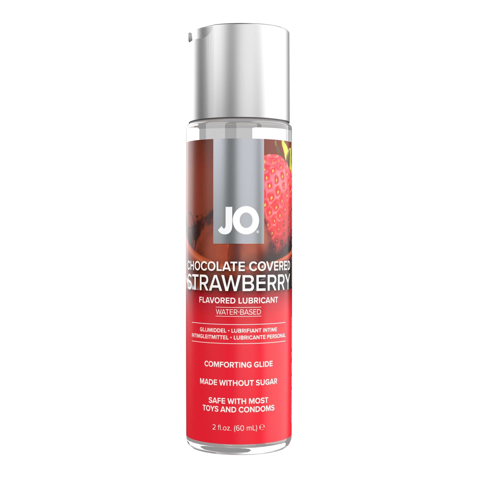 The System JO Sweet and Bubbly Pleasure Set Chocolate Covered Strawberry bottle. It is red and shows strawberries pictured on it. | Kinkly Shop
