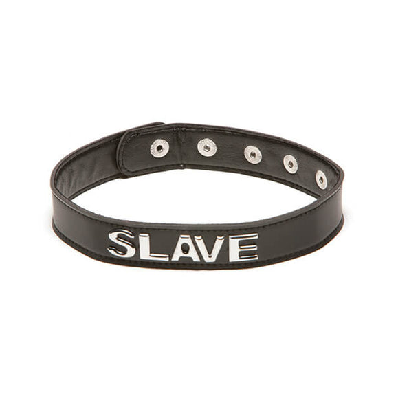 Slave Talk Dirty to Me Collar. It's a slend, black collar that has multiple snap closures on the backside of the collar. On the front, the collar's text has the word written out in silver capital letters. | Kinkly Shop
