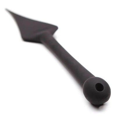 Close up of the handle of the Tantus Dragon Tail. Not only does this showcase the thicker bulb at the end of the handle for easier handling, it also showcases the hole throughout the handle's end for you to tie a loop for easy storage. It also showcases how slender and smooth the handle is to be used for penetration - if desired. | Kinkly Shop