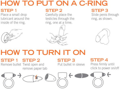 Instructions about how to use the Tantus Vibrating Supersoft Cock Ring. There are illustrations and words. The words read: How to Put on a C-Ring. Place a small drop of lubricant around the inside of the ring. Carefully place the testicles through the ring, one at a time. Slide penis through ring. How to Turn It On. Remove bullet. Twist open and remove paper tab. Put bullet in sleeve. Press firmly until click to power on/off. | Kinkly Shop