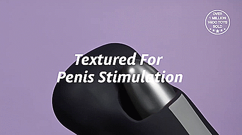 A plain, smooth vibrator is sliding in and out of the VeDO Hotrod. The text on the GIF reads "Textured for Penis Stimulation". | Kinkly Shop