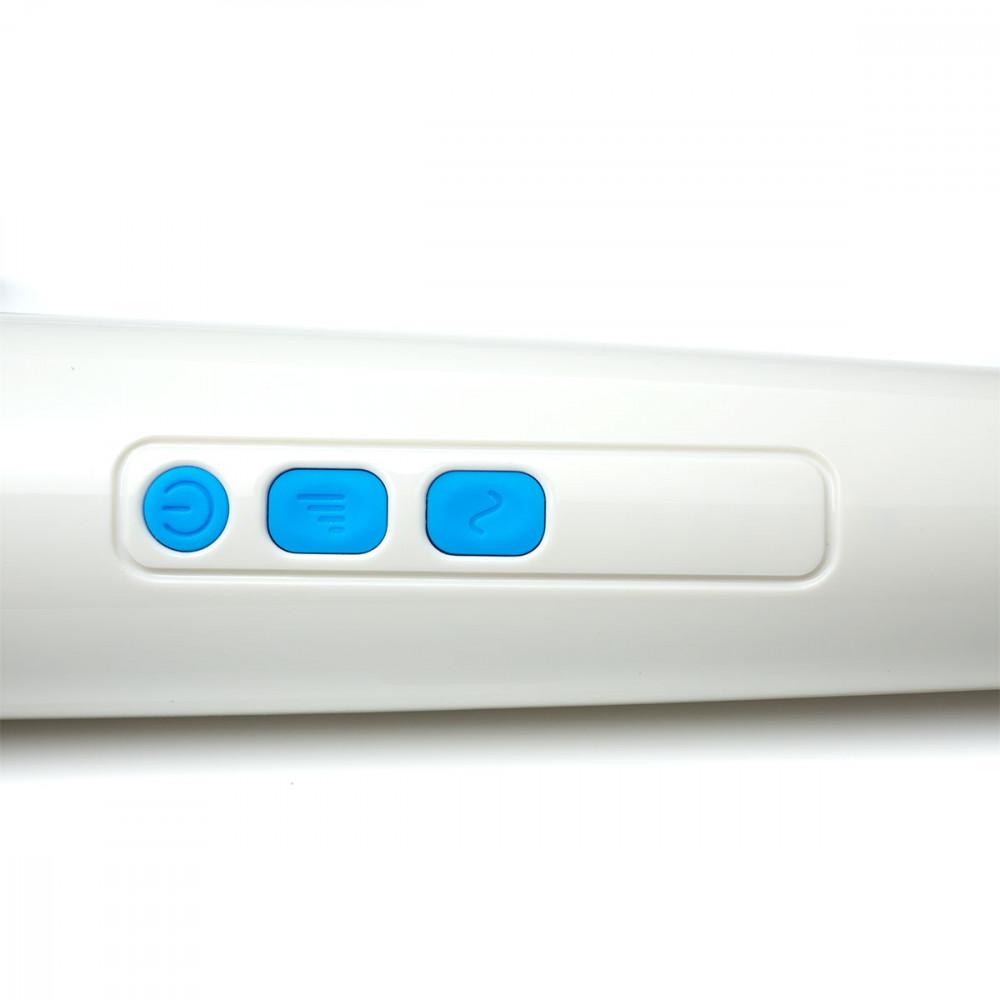 Close-up of the three buttons on the handle of the Magic Wand Rechargeable. There's a power button, vibration intensity button, and vibration pattern button. | Kinkly Shop