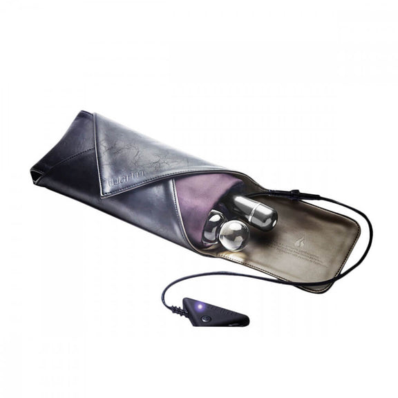 WARM Sex Toy Warmer sitting on a white background with one corner of the WARM opened up to display two separate sex toys sitting inside of the WARM. | Kinkly Shop