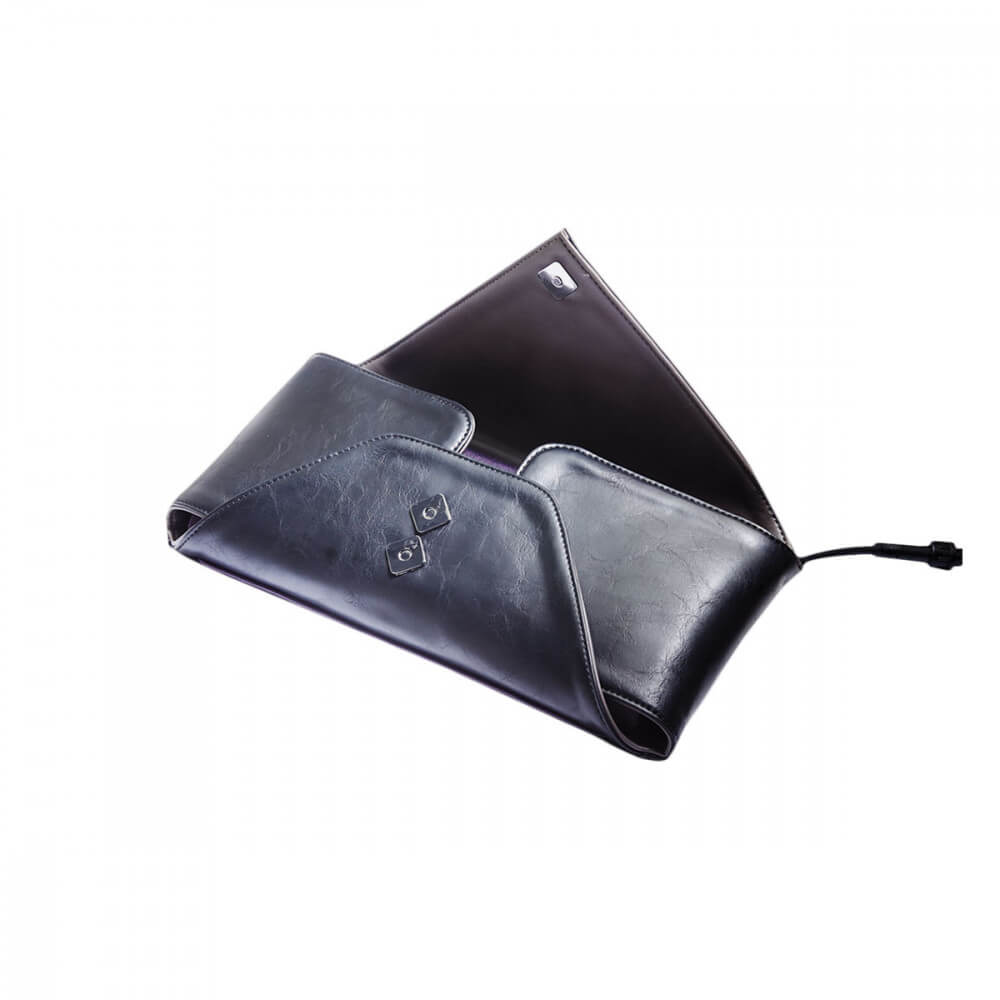 The WARM Sex Toy Warmer's outer vegan leather sleeve is unfastened. This showcases the two magnetic clasps on the front of the WARM to fasten it looser or tighter depending on what toys you are storing inside of it. | Kinkly Shop