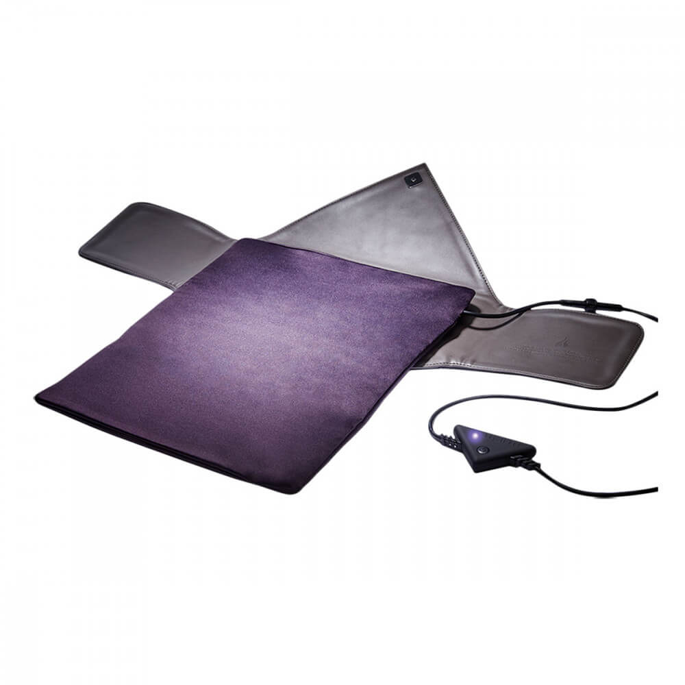 The WARM Sex Toy Warmer is fully opened. The vegan leather exterior is fully opened and laid flat, and the purple heating interior is entirely uncoiled and laid flat. | Kinkly Shop