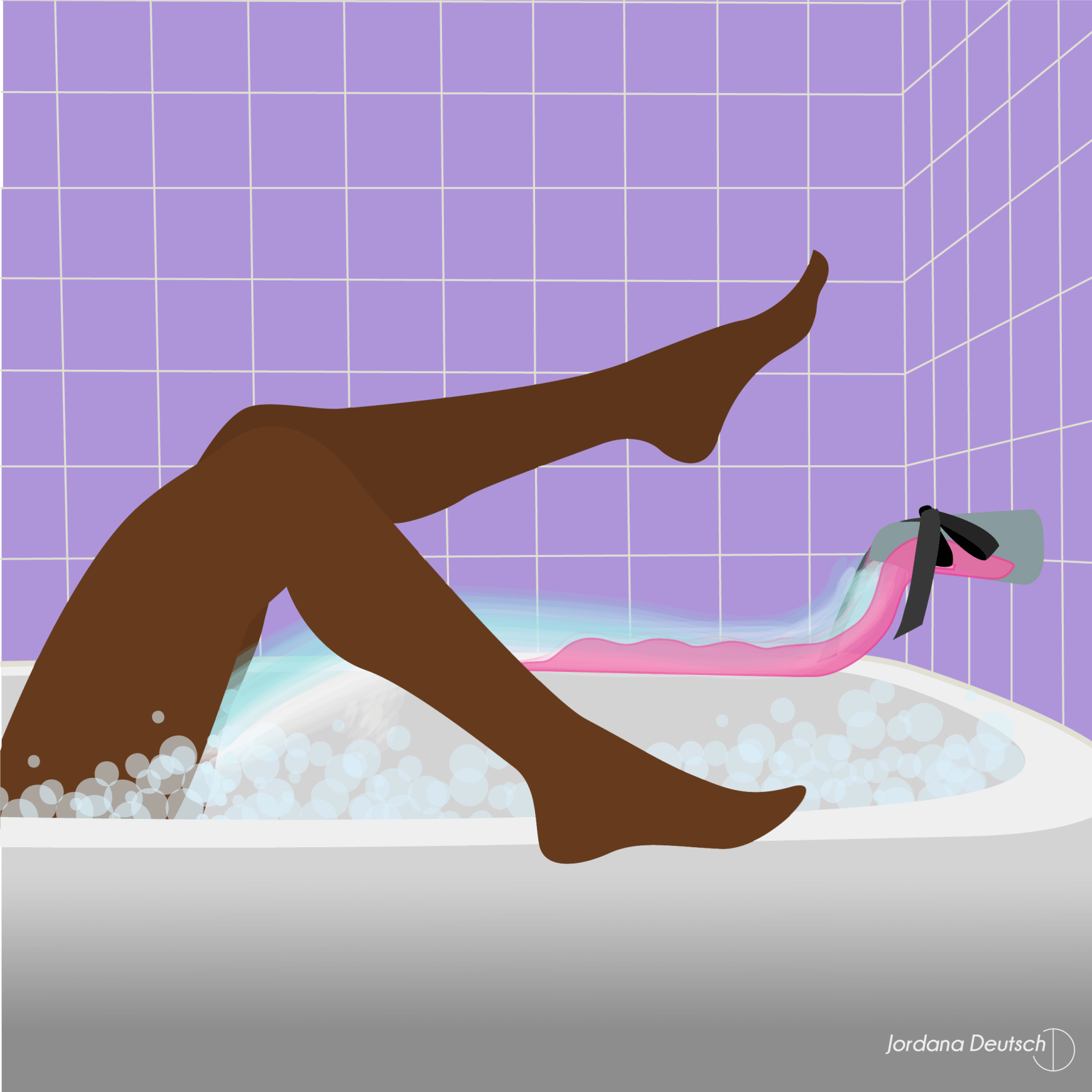 Illustrated image shows a side view of a person's legs sticking out of the tub while the Waterslyde Bathtub Water Diverter pours the water stream directly onto their genitals. | Kinkly Shop