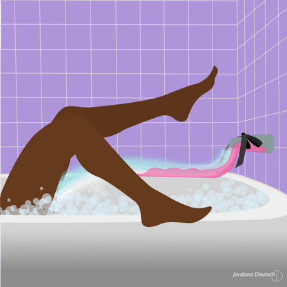 Illustrated image shows a side view of a person's legs sticking out of the tub while the Waterslyde Bathtub Water Diverter pours the water stream directly onto their genitals. | Kinkly Shop