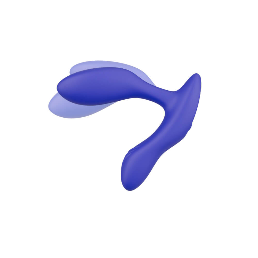 Picture of the We-Vibe Vector+ against a white background. Light-colored copies of the We-Vibe Vector+ are superimposed over the original We-Vibe Vector+ to showcase how the tip of the toy can be bent deeper or shallower. | Kinkly Shop