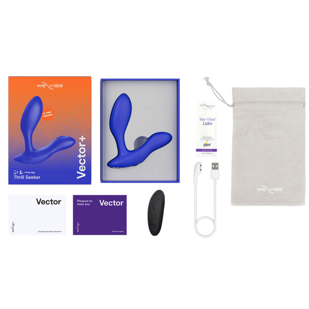 We-Vibe Vector+ with everything it includes. This includes the We-Vibe Vector + packaging, a safety manual, the instruction manual, the physical remote, the charging cable, a sample-sized packet of We-Vibe Lube, and a cotton, drawstring bag for storage. | Kinkly Shop