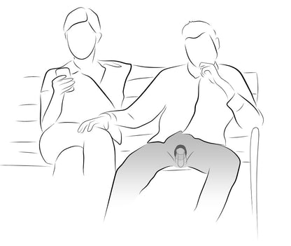 An illustration for how the We-Vibe Bond can be used. It shows two people on a park bench. The penis owner is casually lounging while wearing the We-Vibe Bond around their penis. They have their hand on their partner's leg. Their partner is holding a phone and presumably controlling the vibrations to the We-Vibe Bond that the penis-owner is wearing. | Kinkly Shop