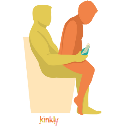 Illustrated sex position showing the receiving partner sitting on top of their partner's lap while their partner sits on a chair. An erection is shown with the Wild Flower Enby 2 wrapped around the penis for easy stroking. | Kinkly Shop