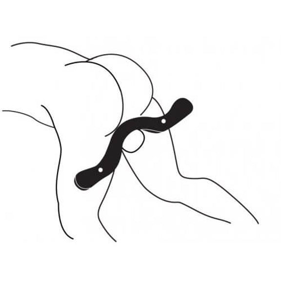 Illustrated image shows how the Master Series Enforcer humbler is used. The testicles are trapped between the bars of the device in the middle of the Humbler. The two sides of the Humbler then rest behind the thighs when worn and prevent the person from standing up. | Kinkly Shop