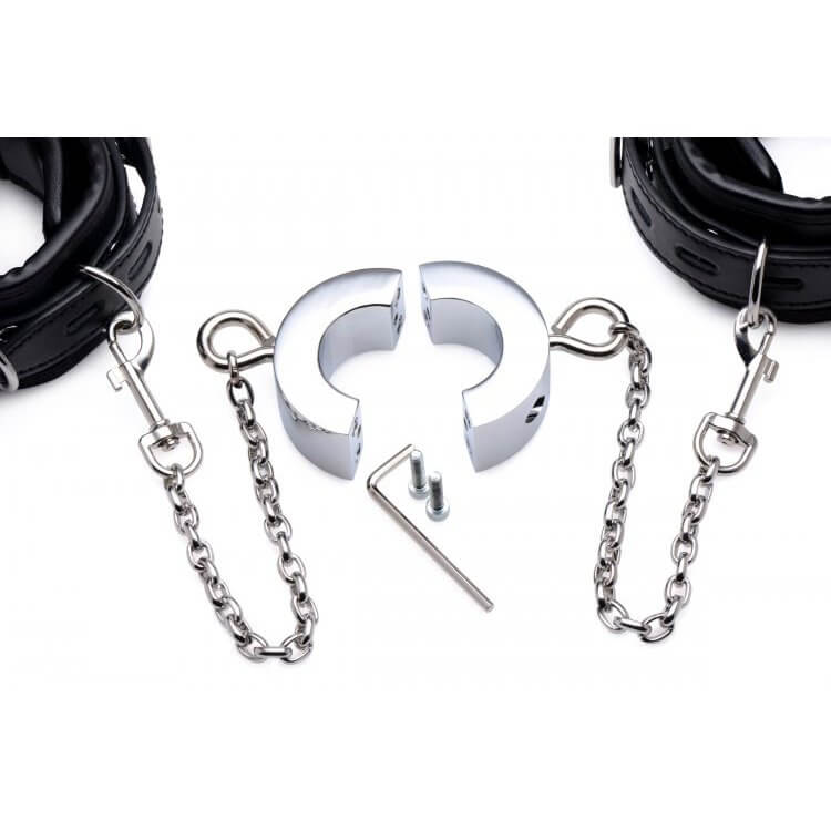 Close-up of the designed of the ball stretcher of the Master Series Hell's Tether Ball Stretcher Humbler shows how the stretcher works. It comes in two separate, rainbow-shaped pieces which can be conjoined together by the included allen wrench. | Kinkly Shop