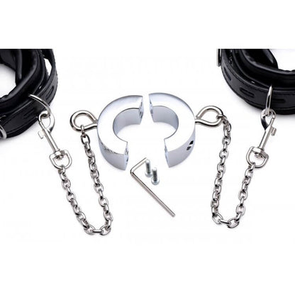 Close-up of the designed of the ball stretcher of the Master Series Hell's Tether Ball Stretcher Humbler shows how the stretcher works. It comes in two separate, rainbow-shaped pieces which can be conjoined together by the included allen wrench. | Kinkly Shop