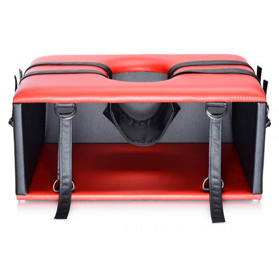 XR Master Series Queening Chair shown from the front to see the hanging head sling, the under-the-arm bondage straps, and the size of the kinging chair | Kinkly Shop