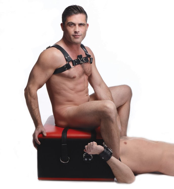 A person sits on top of the Master Series Queening Chair at a side profile while another person's face is hidden inside the chair while their wrists are bound to the kinging chair | Kinkly Shop