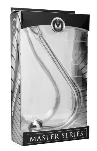 Packaging for the Master Series Stainless Steel Anal Hook. The Anal Hook comes in a standard Master Series package which is a black and silver box. Inside this box, the Anal Hook is held in form-fitting plastic. The anal hook is clearly visible without opening the package. | Kinkly Shop