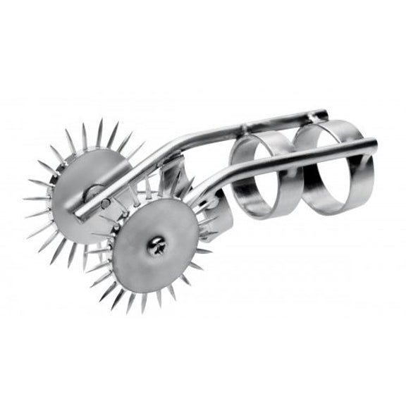 The XR Brands Spikes Double Finger Pinwheel up against a white background. The finger pinwheel includes two full rings and a U-shaped ring for support. There are two spikey pinwheels that extend at the end of the Pinwheel beyond where the finger will be. | Kinkly Shop