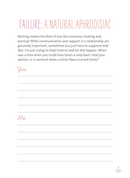 An example page from the relationship journal. The title reads "Failure: A Natural Aphrodisiac". The explanation text includes "When was a time when you could have taken a step back, held your opinion, or a moment when a minor fiasco turned funny?" Underneath this explanation, there's a header for "You" and "Me" - both with blank lines to write out your answers.