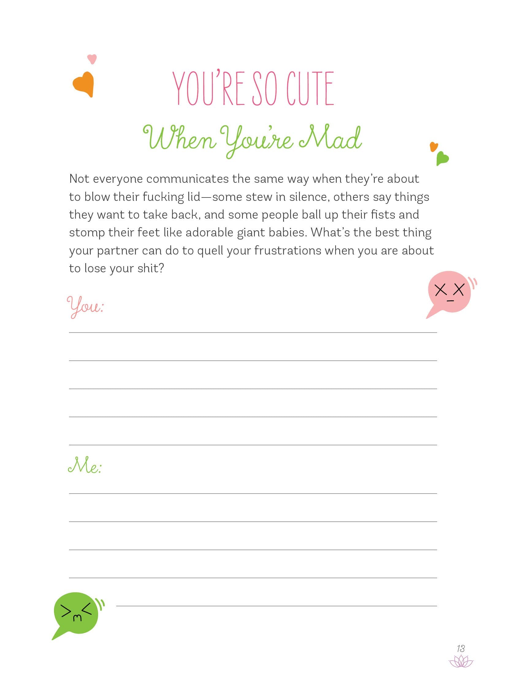 An example page from this relationship journal. The title reads "You're so cute when you're mad". Explanation text underneath it includes "Not everyone communicates the same way when they're about to blow their fucking lid....What's the best thing your partner can do to quell your frustrations when you are about to lose your shit?" Under this, there is a header for "You" and "Me" - both with blank lines underneath to answer the question. 