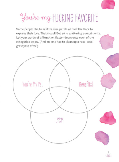 An example page from this relationship journal. The title reads "You're my fucking favorite". The page shows a venn diagram of three circles titled "You're my pal", "Benefits", and "ILYSM". The explanation text includes" Some people like to scatter rose petals all over the floor to express their love. That's cool. But so is scattering compliments. Let your words of affirmation flutter down onto each of the categories below."