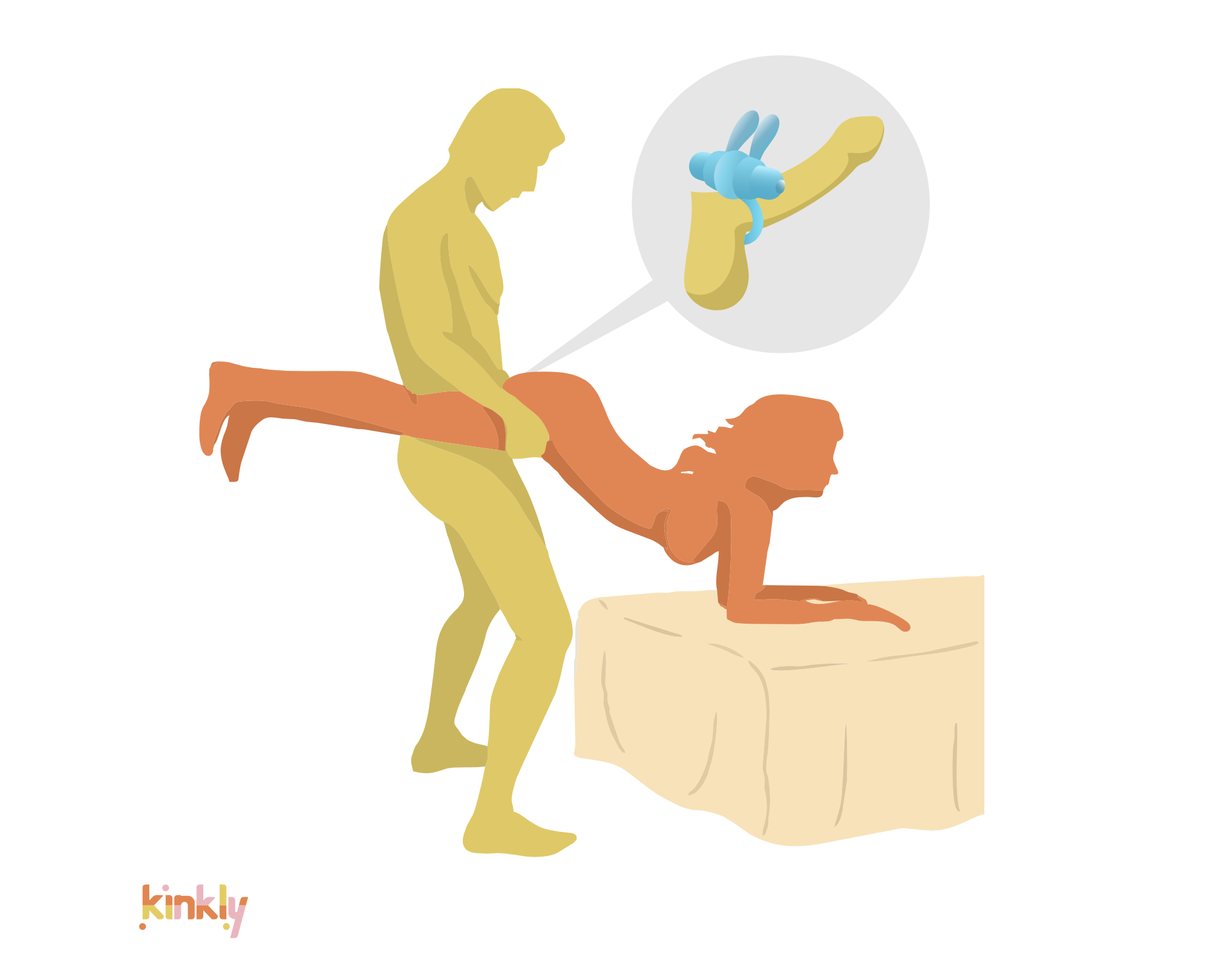 Plow Sex Position: The penetrating partner stands upright while holding the receiving partner's legs on either side of their hips and penetrating them from behind. The receiving partner has their forearms flat against a bed or table to help support their weight. The penetrating partner is wearing a cock ring.