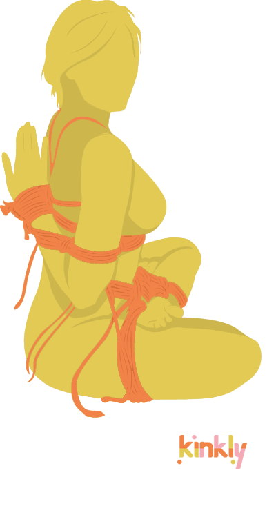 Reverse Prayer Bondage Position. Person in a bound seated position with arms tied in prayer position behind their back.