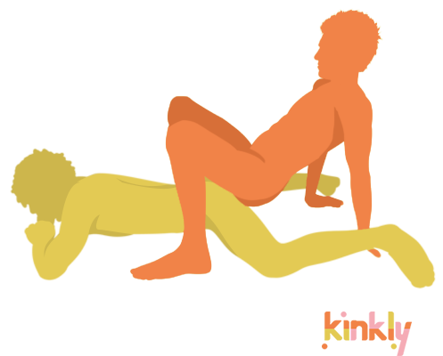 Follow Through sex position illustration. The receiver is laying, face down, on the ground with their butt propped up in the air. The penetrating partner straddles the receiver's hips in a squat for penetration but then lays back onto their hands. 